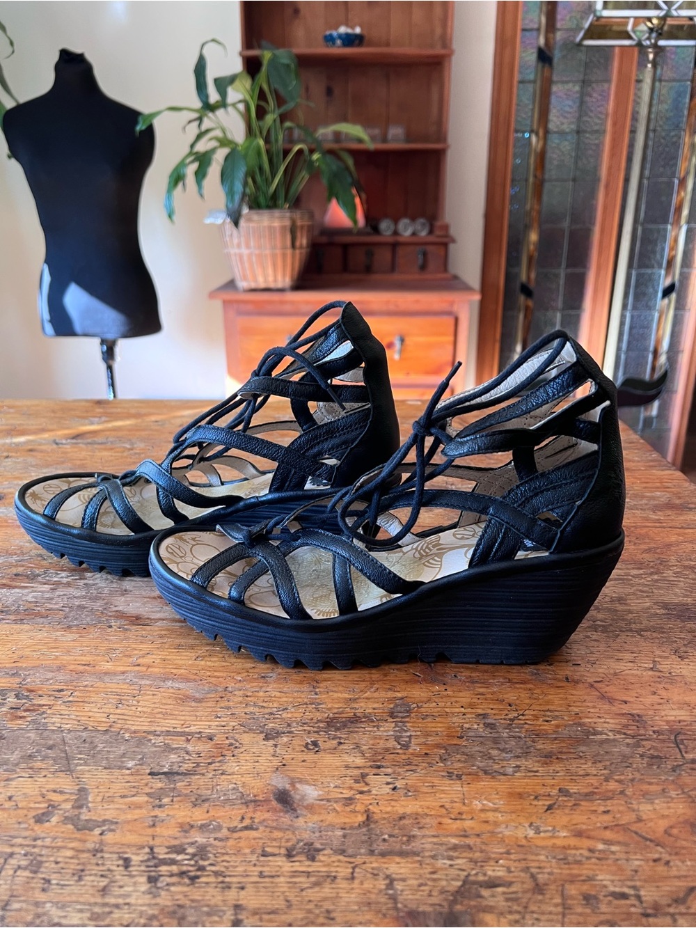 Fly London Black Lace-Up Gladiator Wedge Sandals